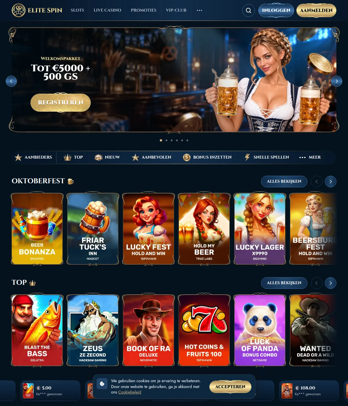 Screenshot van de Elitespin landingspagina