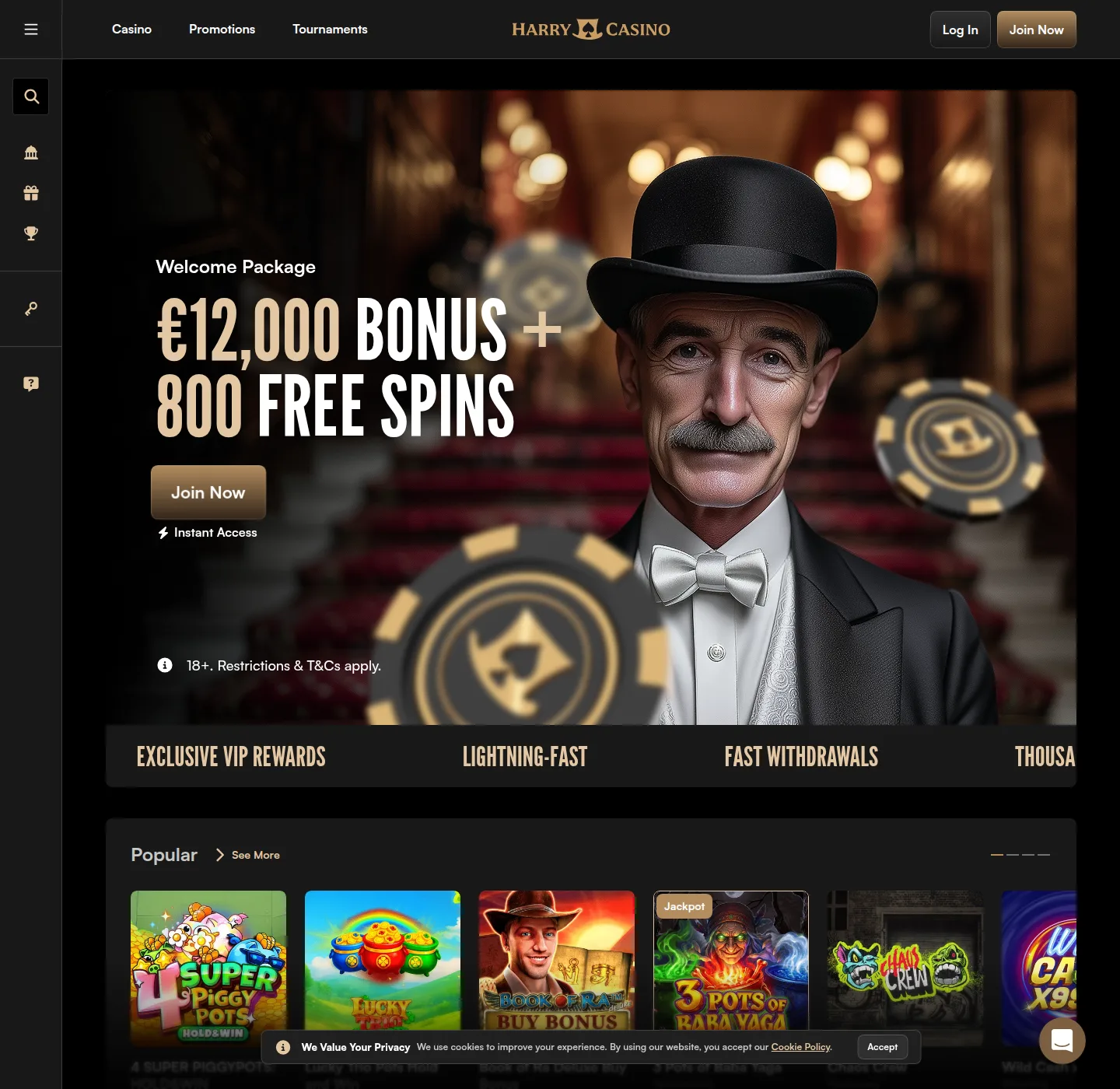 Screenshot van de HarryCasino landingspagina
