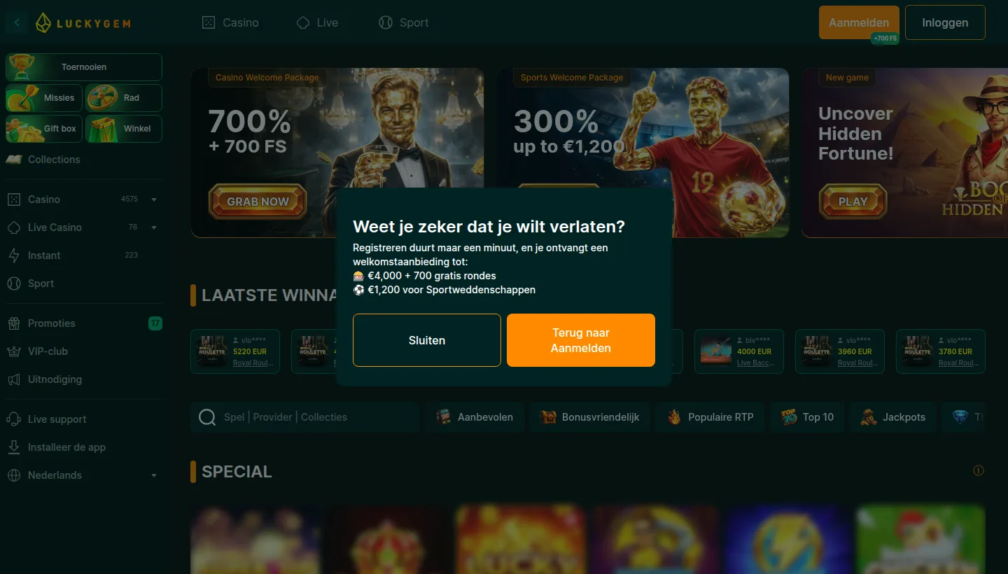 Screenshot van de LuckyGem landingspagina